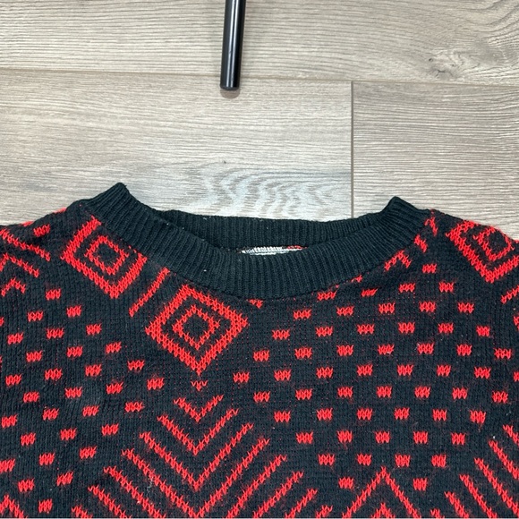 Vintage 80s Brunny Abstract Geometric Pull Over Black Red Sweater USA Made Large - Picture 6 of 9